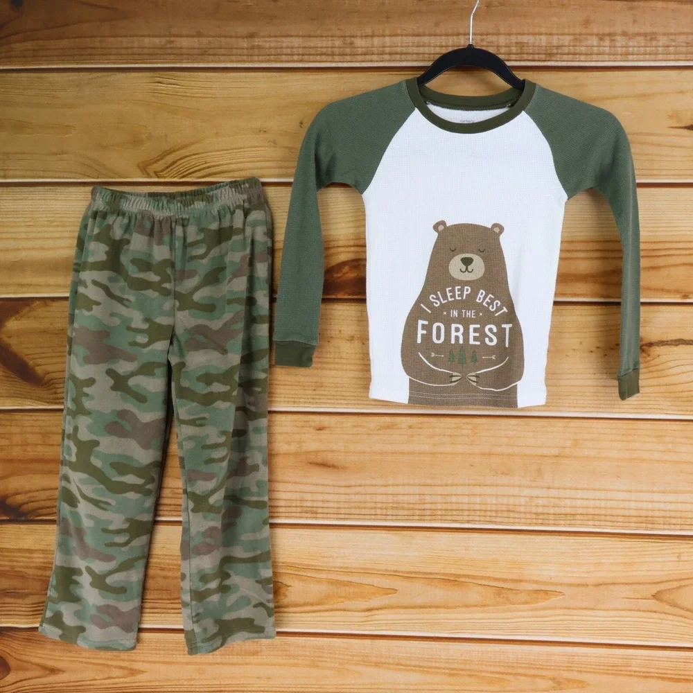 Carter's Pajama Outfit Set Pants Shirt Boys‎ 6 Green Camouflage Bear Fleece Soft